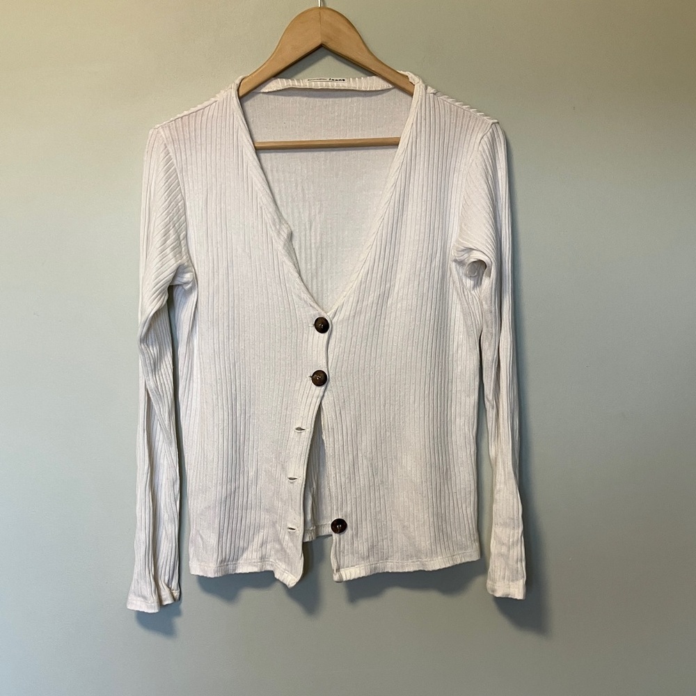 Reformation White Ribbed Button-Front Long Sleeve Top Cardigan as is
